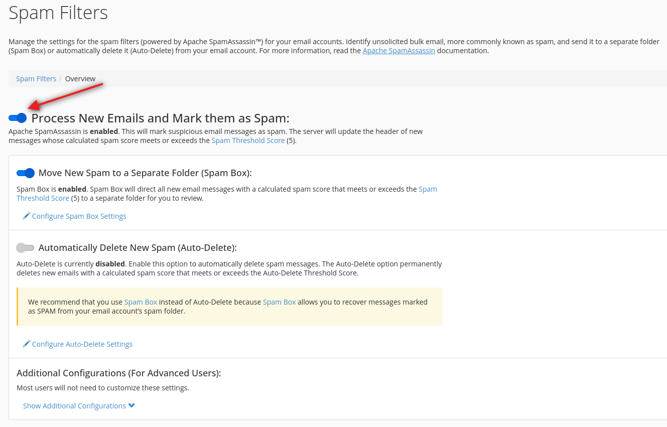 Activating SpamAssassin Filters